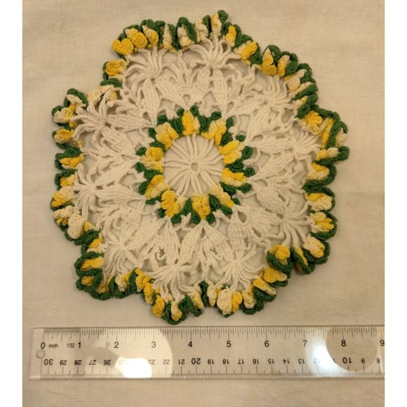Hand Crocheted Doily Round White Green Yellow Grannycore Vintage 9 inch - Picture 3 of 5